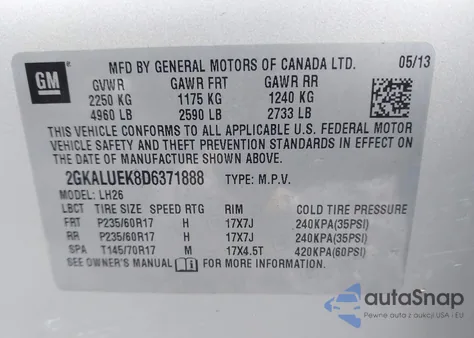 2013 GMC Terrain Slt-1 из США, поврежденный, VIN 2GKALUEK8D6371888